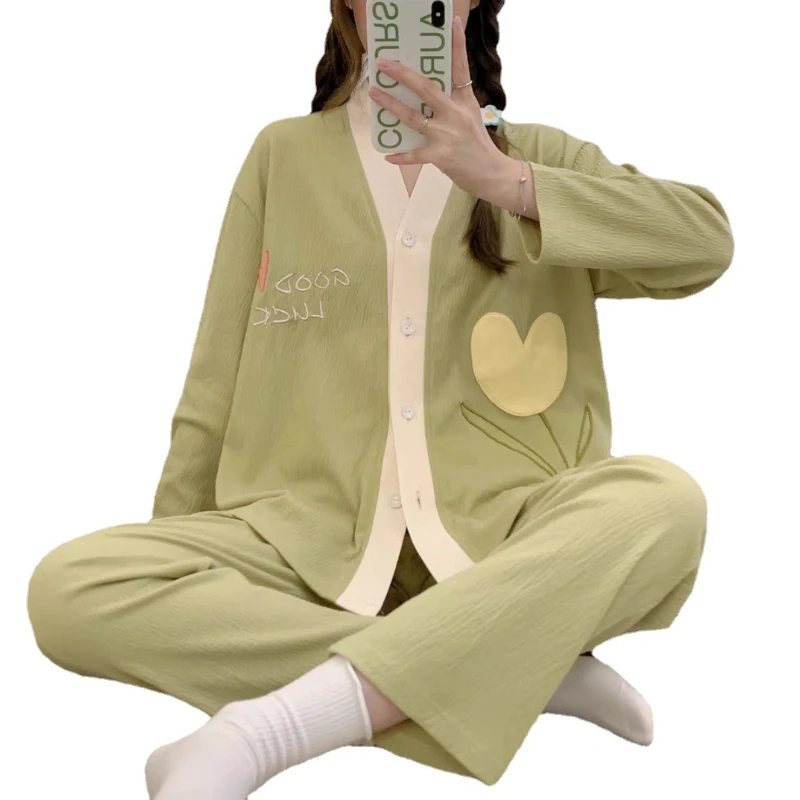 Pajamas for Women's Spring Student Youth Style Flower V-neck Soft Home Service Suit Casual Breathable and Comfortable Nightwear