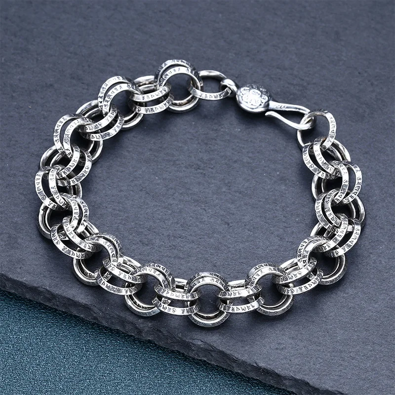 

Real S925 Sterling Silver Bracelet Women Men 12mm Big Circle Rolo Link Six Sutra Mantra Bracelet Vintage Crafts 20cm Length