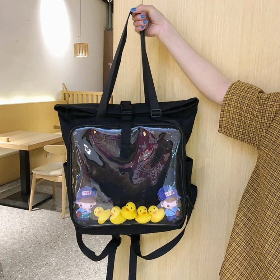 Классические черные рюкзаки на плечо, японский прозрачный мягкий холщовый рюкзак для девочек и мальчиков, прелестная прозрачная сумка Ita, п...
