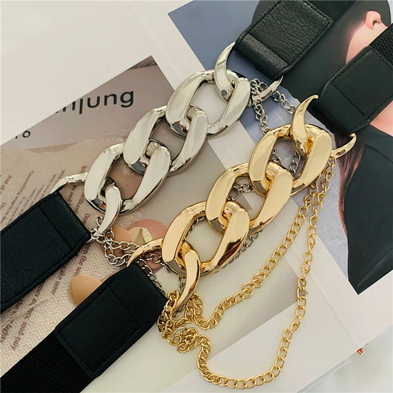 luxury brand gold chain belt elastic silver metal waist belts for women high quality stretch ladies coat waistband hot sale free global shipping