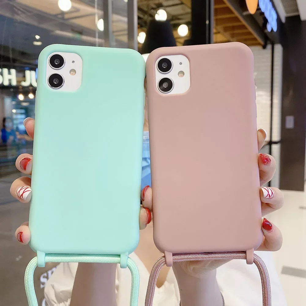 

Solid Color Phone Case for iPhone 13 12 Mini 11 Pro Max XR X XS Max 6 7 8 Plus Lanyard Necklace Chain Hang Strap Cord Rope Cover