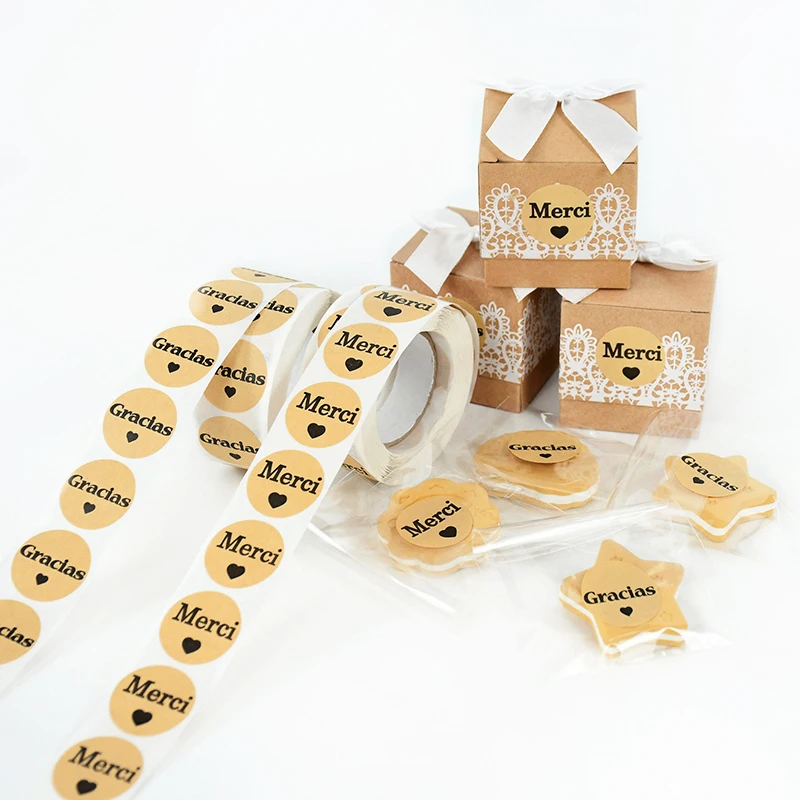 500p/roll "Merci" "Gracias" Kraft Paper Round Seal Label Sticker DIY Handmade Scrapbook Dessert Bag Packaging Sticker Decoration