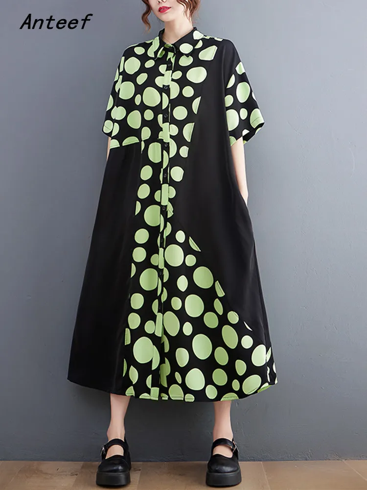

short sleeve chiffon vintage Polka Dot dresses for women casual loose long summer shirt dress elegant clothing 2022