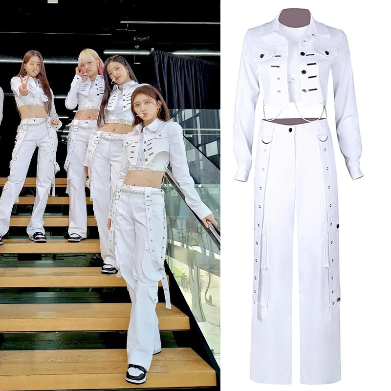 

Kpop Girl Group Women White Slim Crop Top Cargo Pants Concert Outfits Festival Clothes Lady Stage Rave Hip Hop Vest Dancer Suits