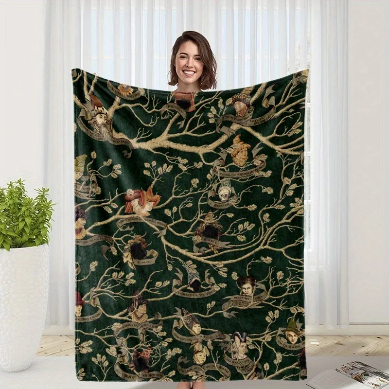 Черное флисовое одеяло с принтом семейного дерева