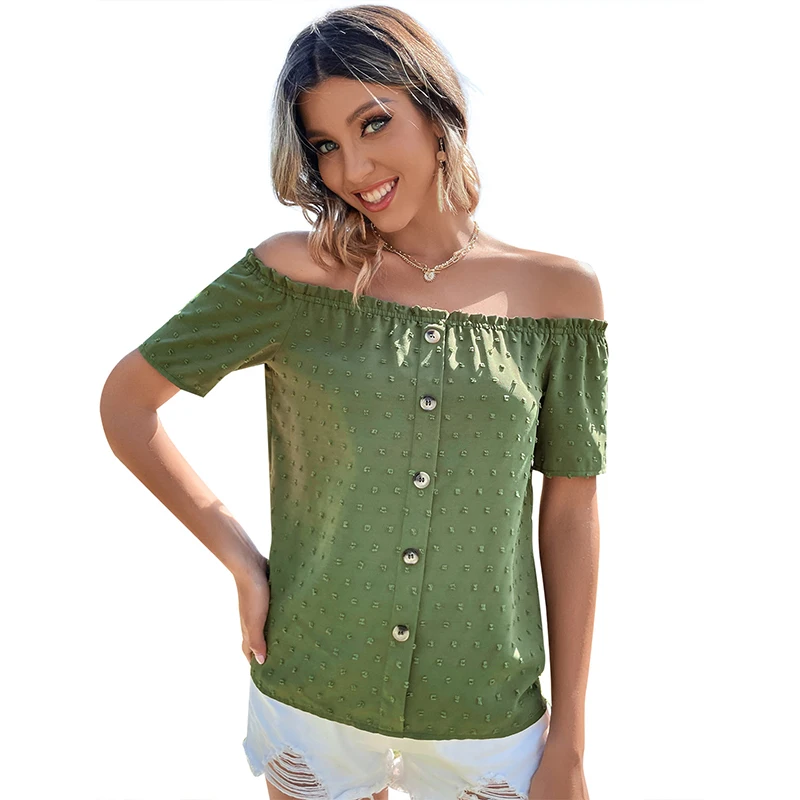 

Fashion Sexy Women Chiffon Blouses T-Shirts Casual Short Sleeve Button One Word Collar Top Solid Streetwear Female Clothes