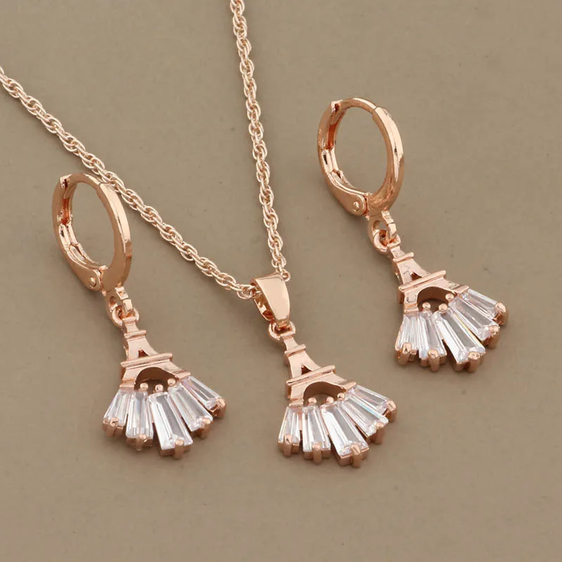 

New Geometric Luxury Women's Sets 585 Rose Gold Color Paved Clear Natural Zircon Earrings Fashion Wedding Jewelry Set