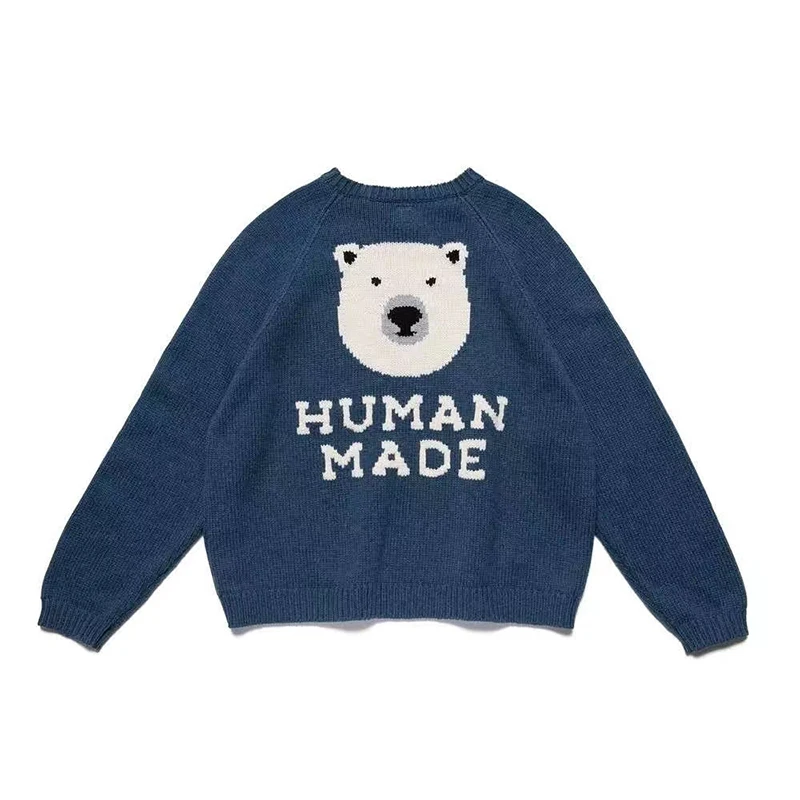 

Retro Front Bear Letter Casual Pullover Human Made Sweaters for Men and Women Streetwear Oversized Y2k Loose Knitted Tops