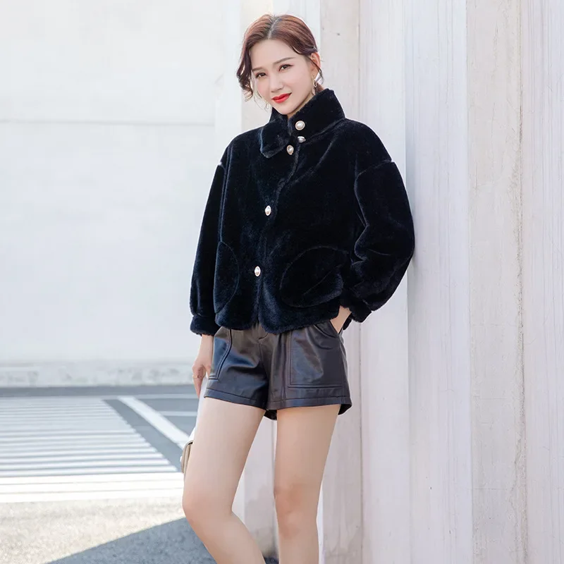 Женское меховое пальто на пуговицах короткая теплая пушистая плюшевая куртка из