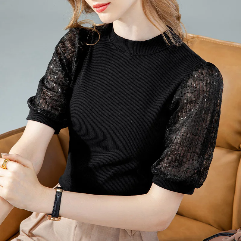 

Summer Fashion Women Modal T-shirts Mesh Short Sleeve Round Neck Solid Color Basic Tee Female Slim Fit Office Lady Pullover Tops