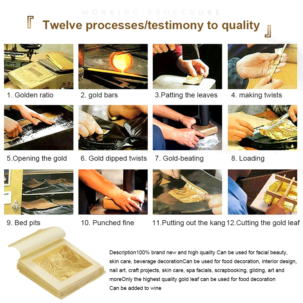 

10Pcs Waterproof Lightweight Real Gold Foil Pure Art Paper Edible Golden Leaf Sheet Book Packing Papers for Car Frame