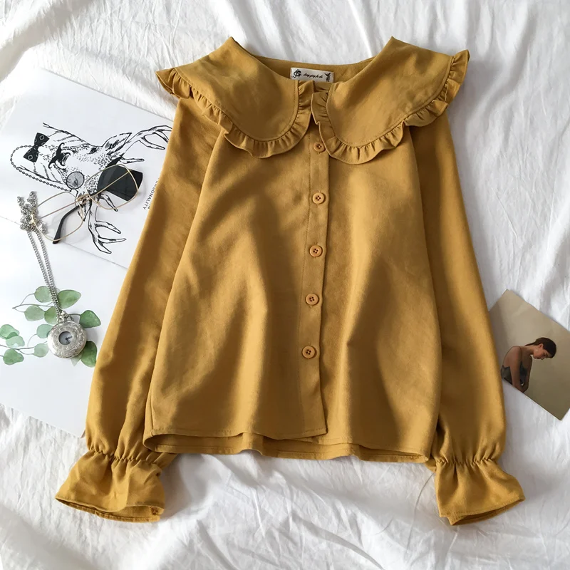 

Shirts Women Peter Pan Collar Korean Style Trendy Fashion Kawaii Lovely Streetwear Womens Soild Casual Blouses Lady Tops