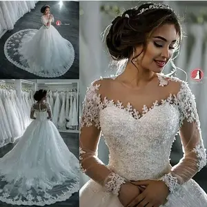 New Dubai Elegant Long Sleeves A-line Wedding Dresses Sheer Crew Neck Lace Appliques Beaded Vestios De Novia Bridal Gowns 2023