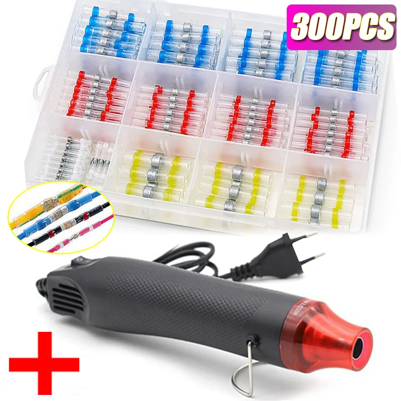 

300PCS Electrical Heat Shrink Butt Crimp Terminals Waterproof Solder Seal Wire Cable Splice Terminal Kit with 300W Hot Air Gun