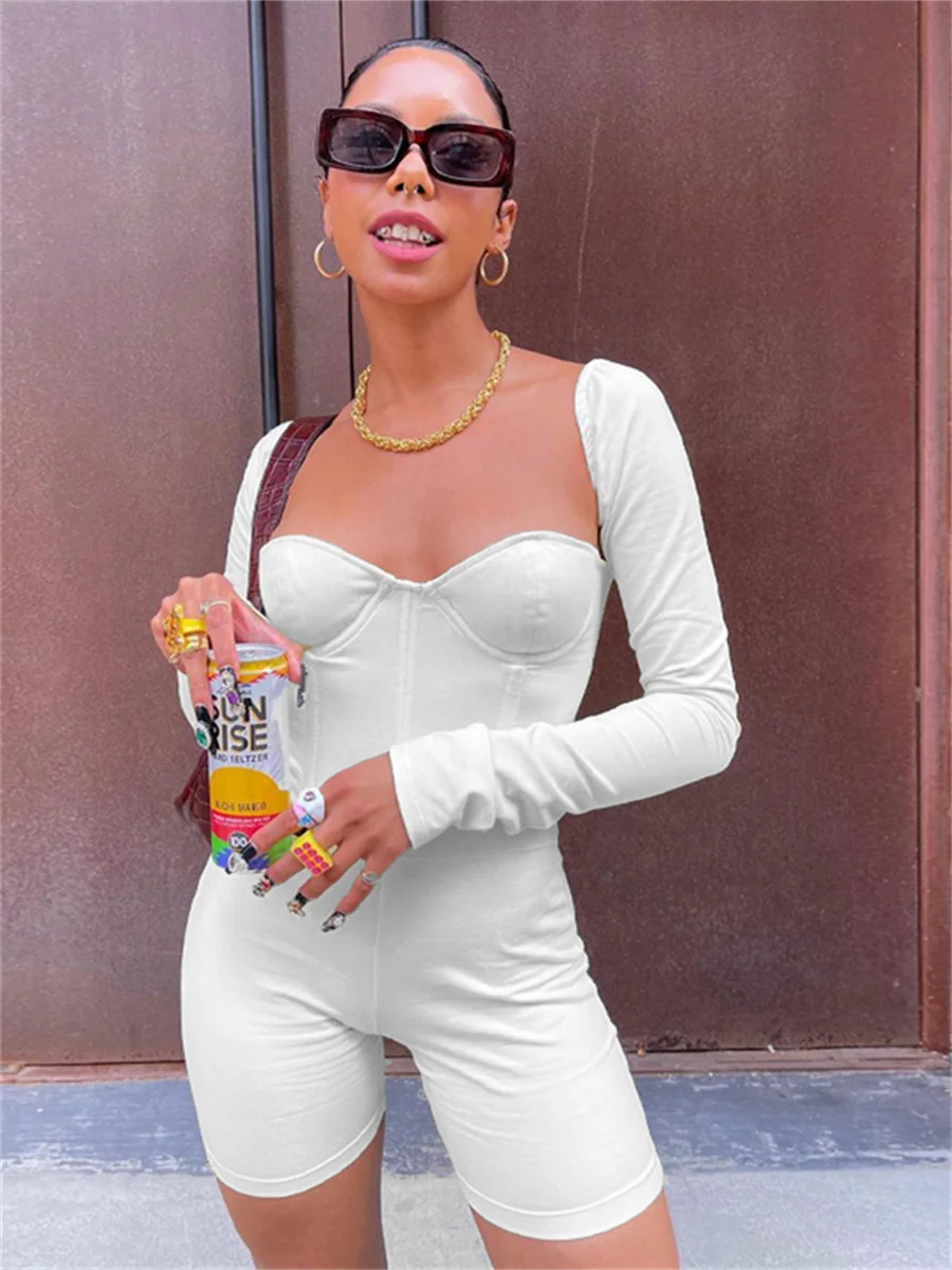 

White Bodycon Playsuit 2023 Spring Suer Woen Streetwear Outfit Casual Long Sleeve Low Cut Strapless Short Ropers