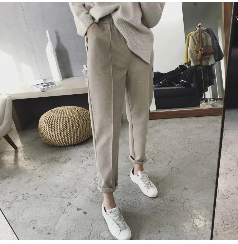 

Hot Sale Women Autumn Winter Woolen Thicken Harem Pants Loose Radish Suit Trousers Straight Leg Casual Elastic Band Ankle Length