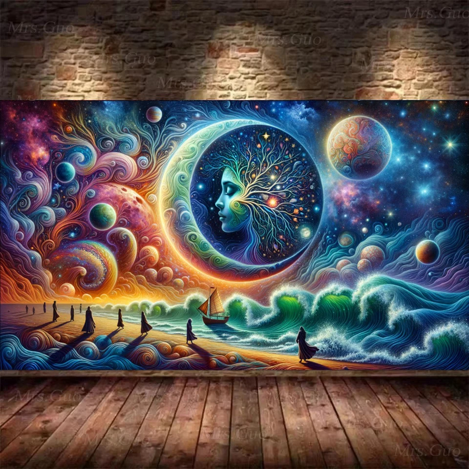 Красочное Дерево жизни женское лицо луна волна сурреалистичный пейзаж сделай