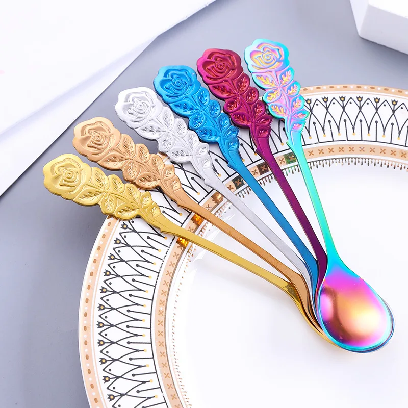 

Stainless Steel Spoon Fork Cteative Rose Shape Handle Coffee Tea Dessert Sundae Spoon Stirring Rod Tableware Kitchen Supplies