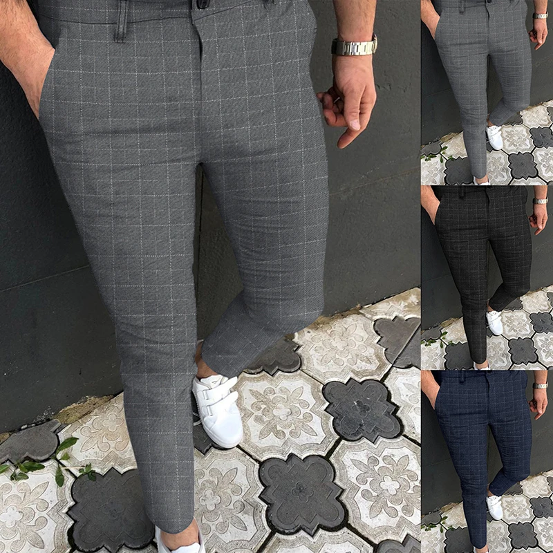 

2022 Spring New Fashion Men's Small Plaid Business Casual Slim Fit With Pocket Pants Fashion Male Clothng Trousers