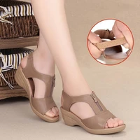 summer new women sandals high heel wedges leather shoes woman solid casual zip platform sandals plus size ladies shoes
