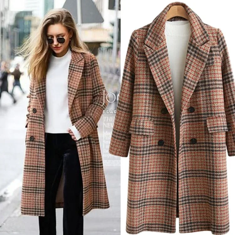 en Overcoat for Women Autumn and Winter Plaid Cardigan Mid-Length Lapel en Overcoat for Women