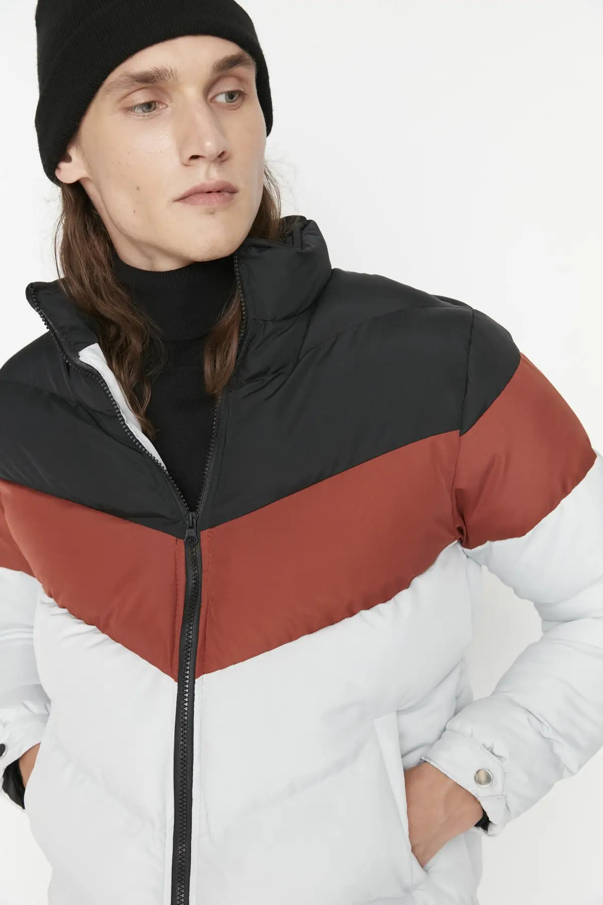 Black Men's Stand Collar Color Block Windproof Jacket TMNAW22MO0166