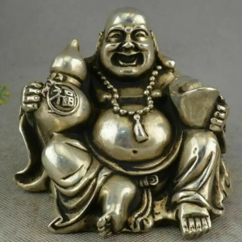 

Chinese Buddhism Miao Silver Gourd Yuanbao Happy Laugh Maitreya Buddha Statue
