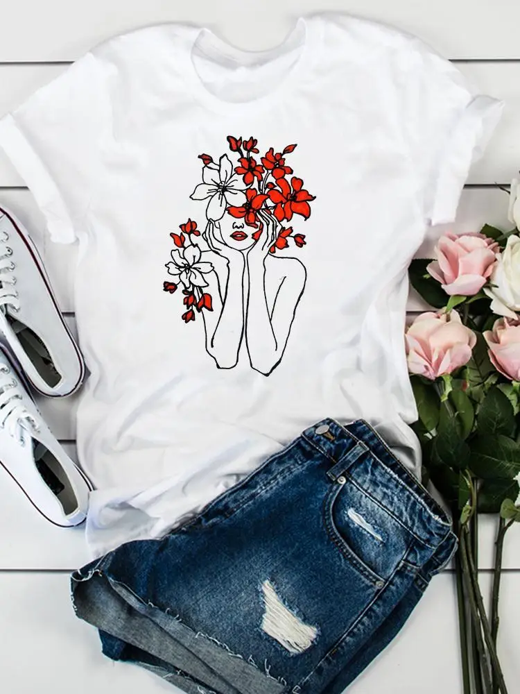 

Flower Floral Sweet Trend Cute Short Sleeve Graphic Tee Fashion Clothes Women Clothing Print Summer T Female Casual T-shirts