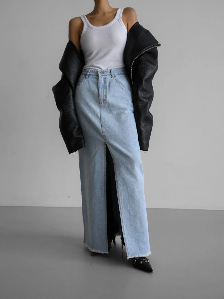 

Bornladies Vintage Loose Chic Skirts For Women Elegant High Waist Office Lady Long Skirt Blue Denim Skirt Female Clothing