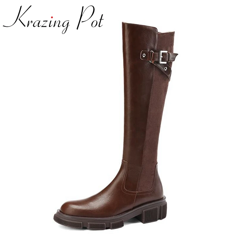 

Krazing Pot Cow Split Leather Round Toe Med Heels Riding Boots Platform Preppy Style Belt Buckle Fashion Zip Thigh High Boots