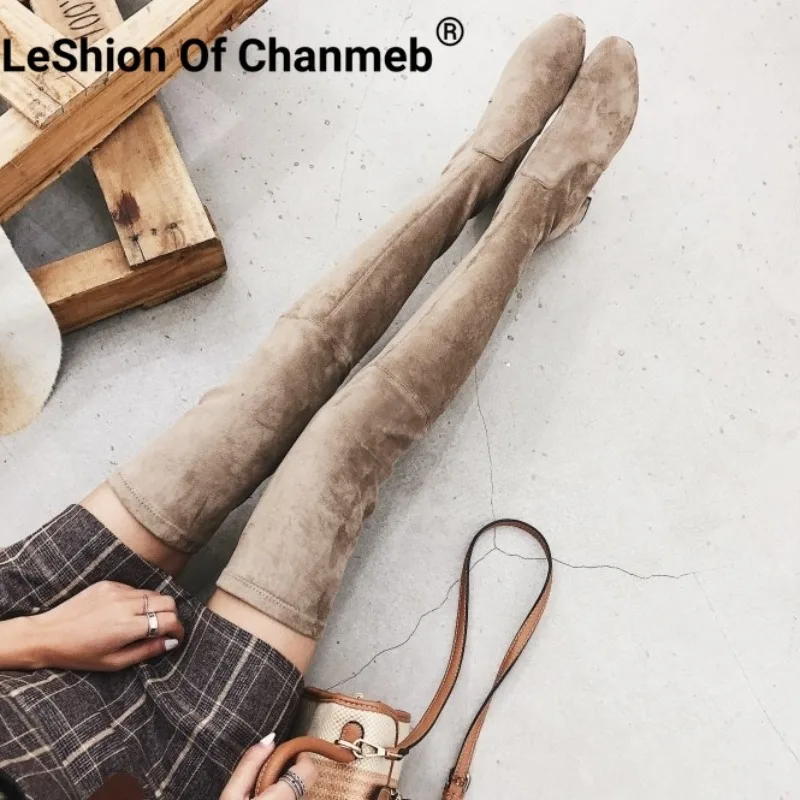 

LeShion Of Chanmeb Women Kid Suede Boots Stretch Block Heels Slip-ons Over-the-Knee Boots Winter Luxury Shoes Woman Autumn 34-42