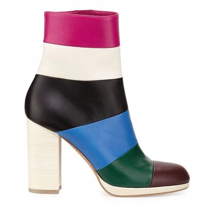 

Side Zipper Vintage Booties Contrast Colorblock Leather Panel Square Root Women's Boots Rainbow Round Toe High Heel Ankle Boots