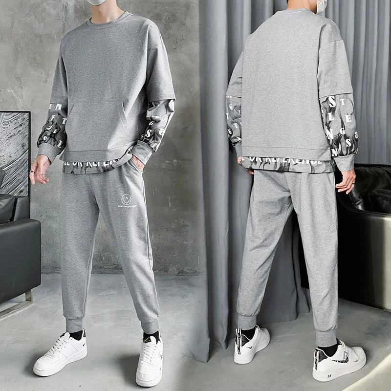 

Осень 2021, новый спортивный костюм для мальчиков с имитацией двух смайлов и принтом, модный Свободный Модный комплект из двух предметов