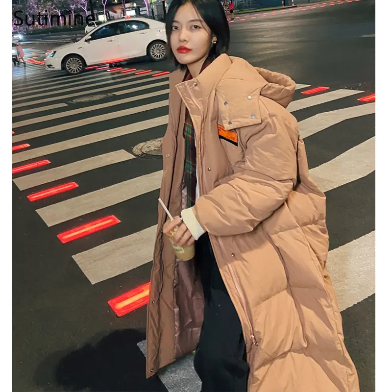 Winter Clothes Women Pockets Zipper Thickened Over Knee Down Loose Hooded Cotton Padded Jacket Office Lady Button Winter Coat