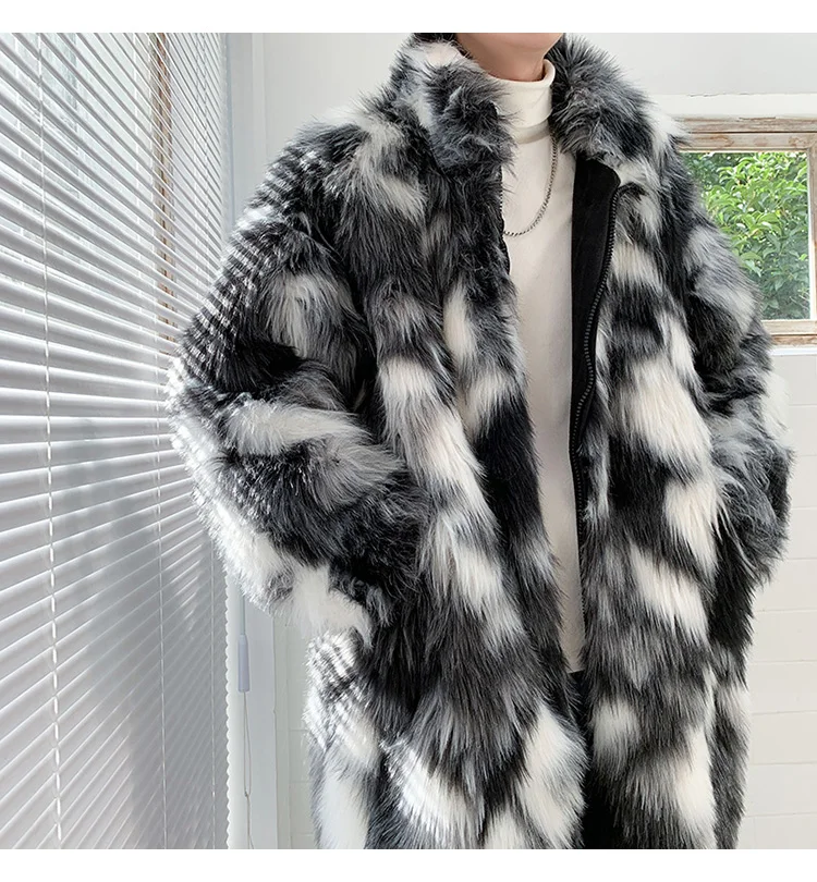 Fox Fur Men's Wear Trendy Long Over-the-knee Faux Fur Cotton Jacket Warmth Thick Windproof Cloak Hip-hop Imitation Casual Jacket