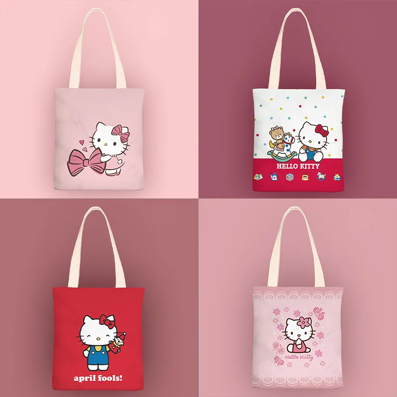 2023 New Hello Kitty Women Shoulder Bags Sanrio Cartoon Canvas Waterproof Handbag with Zippered Inner Pocket Girls Birthday Gift