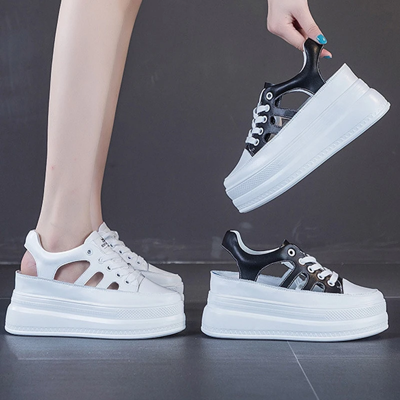 9CM Hollow Full Cow Genuine Leather Women Summer Shoes Platform Sneakers Wedge Hidden Heel Women Summer Sandals Platform Shoes