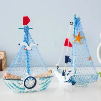 1pcs mediterranean style handmade marine nautical wooden blue sailing boat ship wood crafts ornaments party home decoration