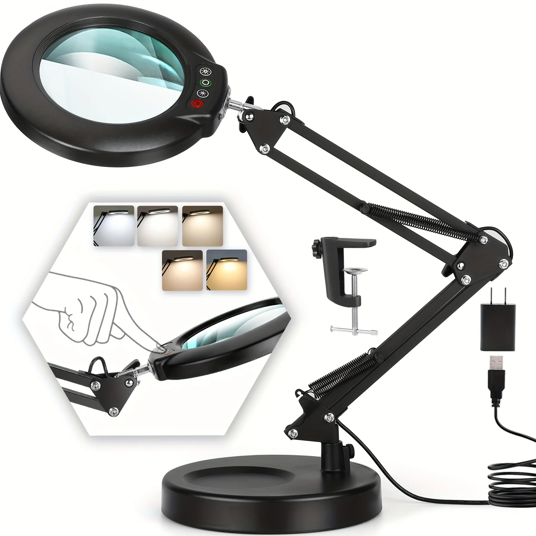 10-кратное увеличительное стекло с подсветкой, 5 цветовых режимов, лампа 2-в-1 с регулируемой яркостью, светодиодная лупа с подставкой, свободные руки для поделок - белый
