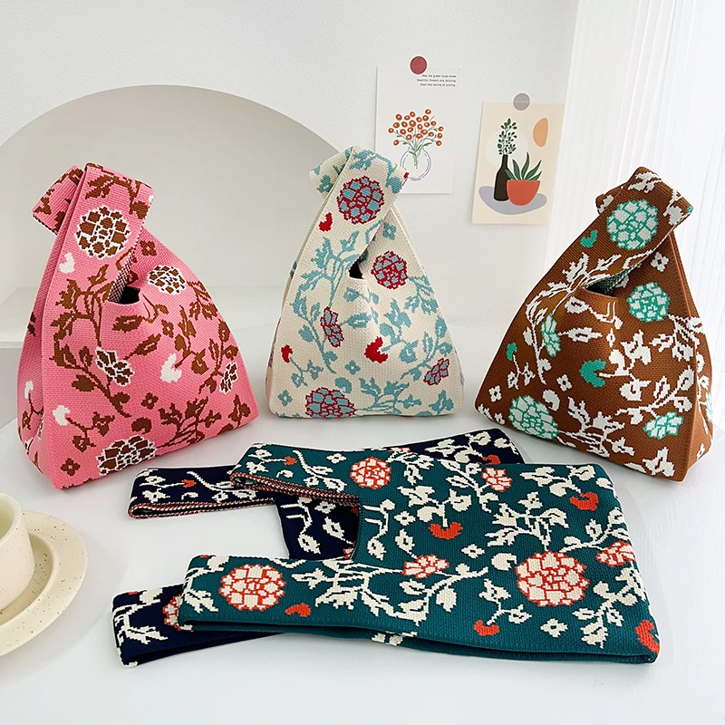 Handmade Knit Handbags for Women Mini Knot Wrist Bag Retro Flower Wide Strap Tote Bags Female Shoulder Bag Reusable Shopping Bag