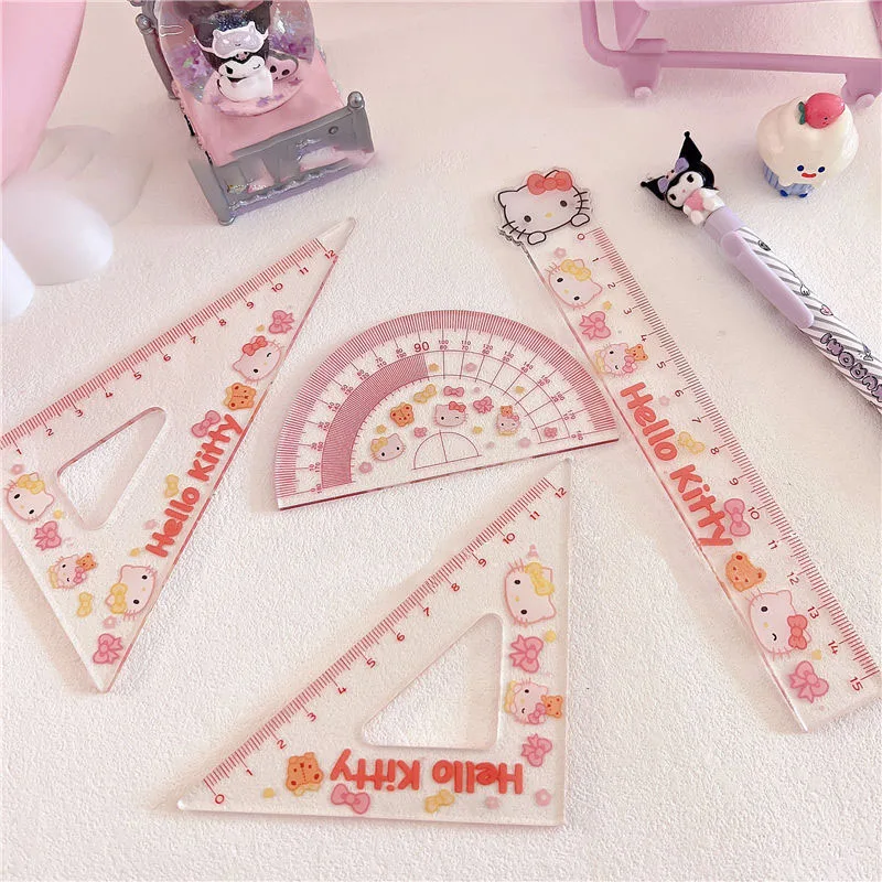 

4Pcs/Set Kuromi My Melody Cinnamoroll Ruler Kawaii Sanrio Cartoon Measuring Stationery Triangle Ruler Creative Office Supplies