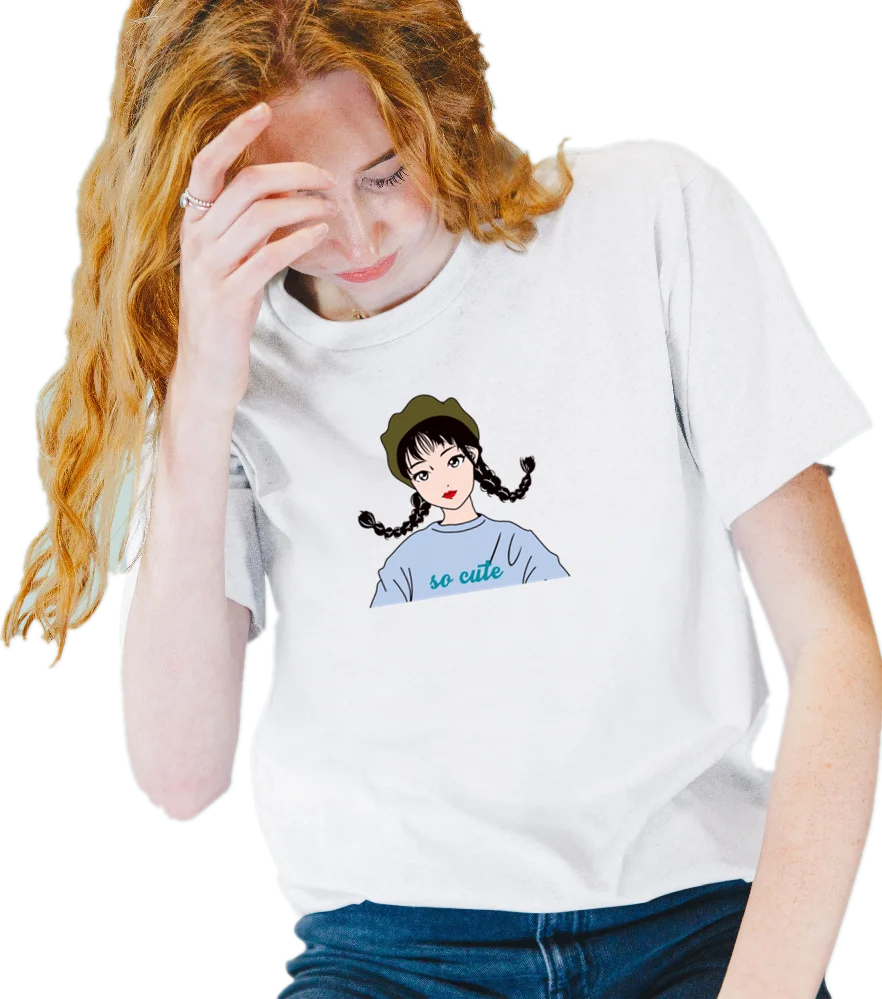 

91644# Trendy women's summer half-sleeved fashion slim all-match simple round neck braided girl print T-shirt