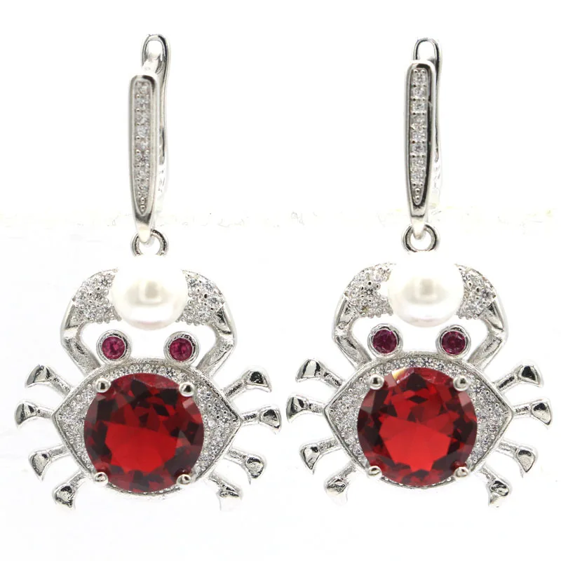 

40x22mm Lovely Cute 9.4g Red Blood Ruby London Blue Topaz White Pearl CZ Women Wedding 925Silver Earrings