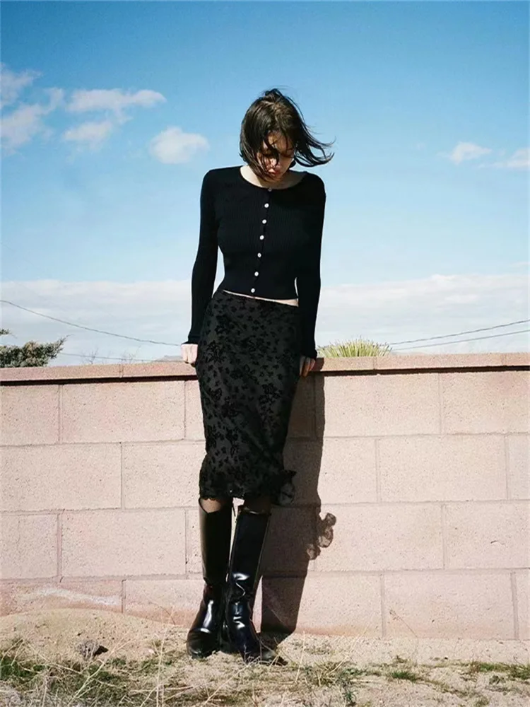 

Australian luxury niche Rea @ Leisure vacation slimming temperament silk burnt flower black half skirt