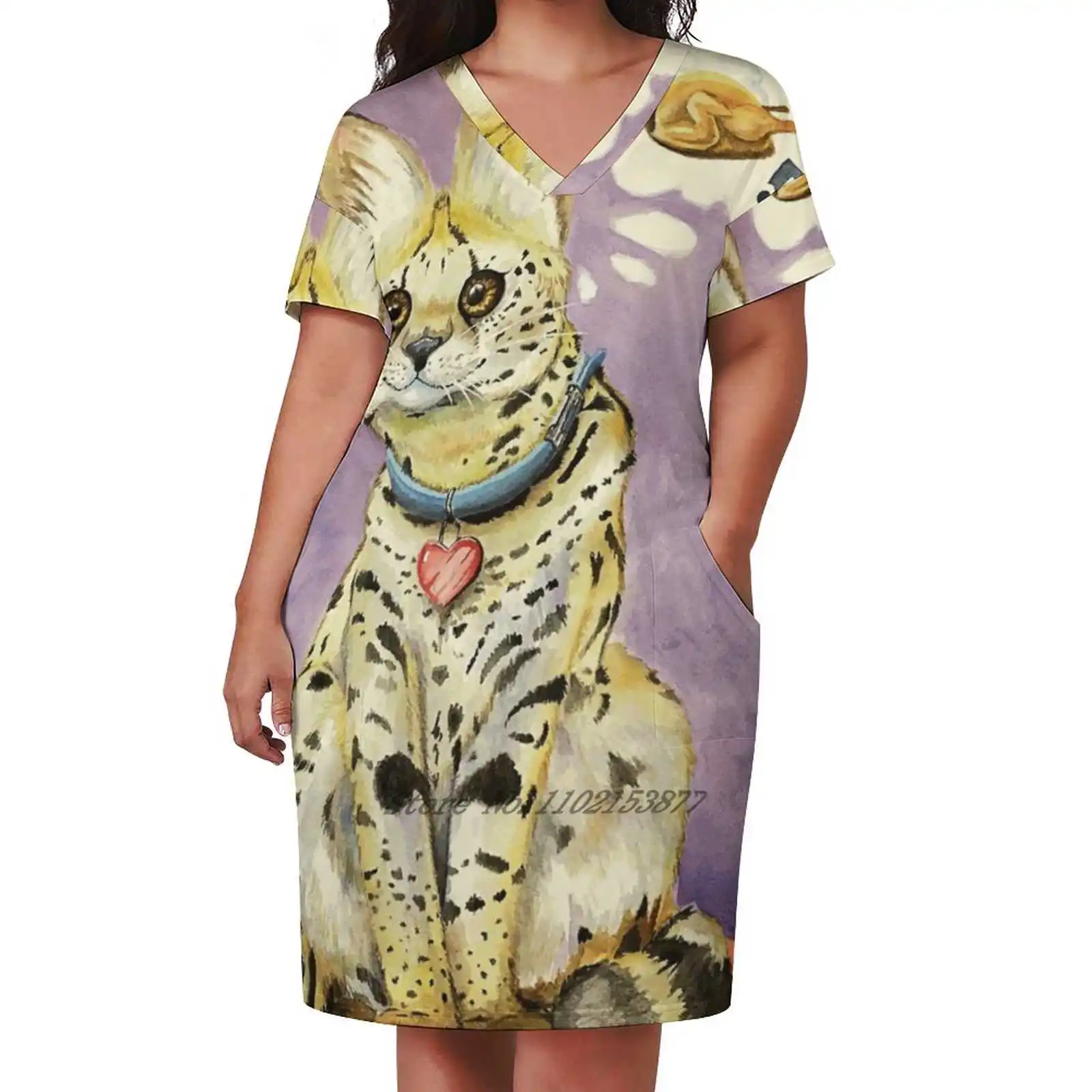 

Always On My Mind Loose Pocket Dress Women Casual V Neck Dress Printed Dress Serval Cat Savannah Watercolor Kimberly Holbrook