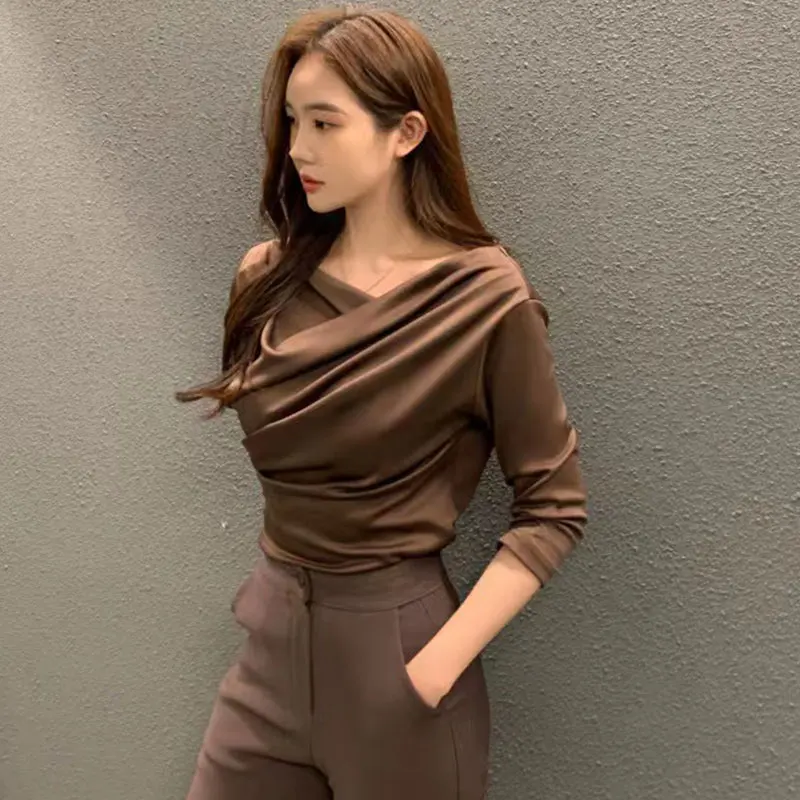 

French Chic Pleated Blouse Woman OL Cross Pile Collar Long Sleeve Blouses Women Sweet Solid Color Office Top Female Dropshipping