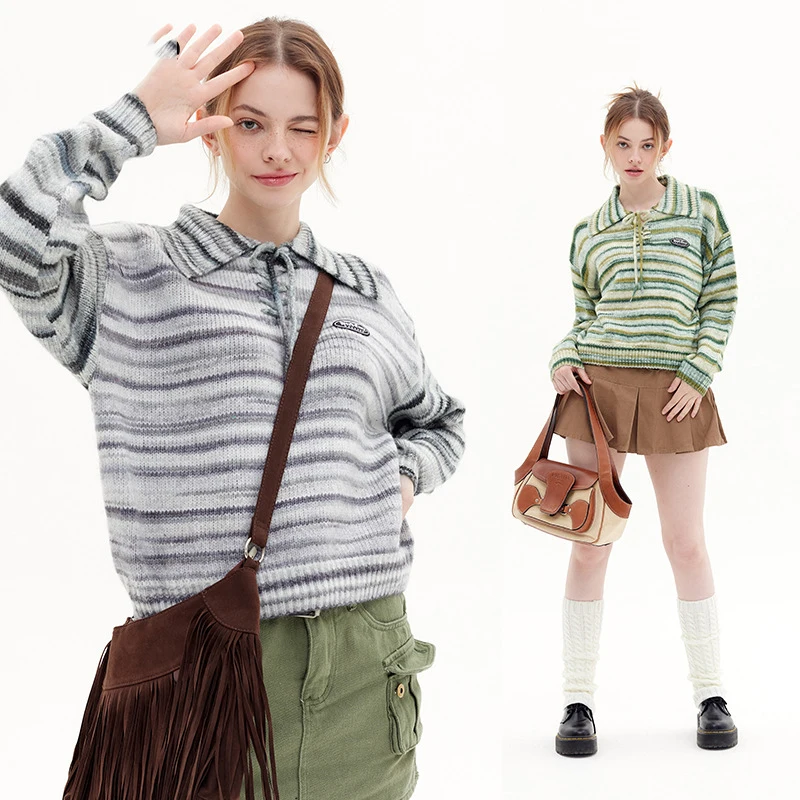

Bandage Lazy Sweaters Women Harajuku Punk Knitted Stripes Jumper Vintage POLO Loose Long Sleeve Pullover Tops Streetwear