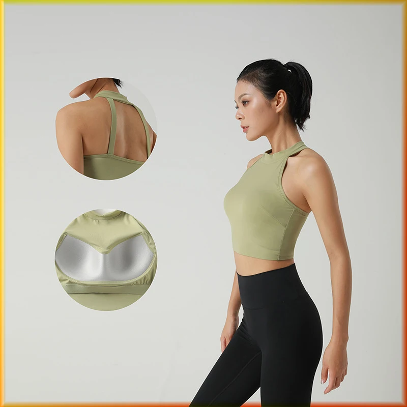 

With Logo Summer Sports Vest with Fixed Cup Chest Mat Sleeveless Yoga Clothing Sports Fitness Underwear Yoga Beauty Back Bra