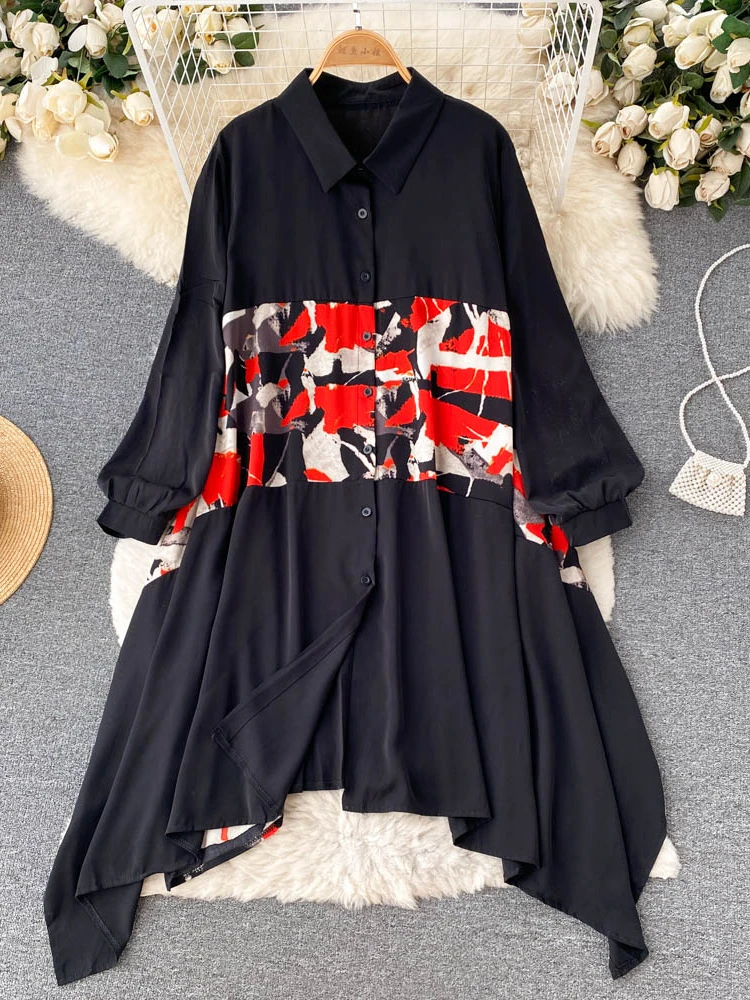 

Vintage Print Patchwork Shirt Dress Women 2022 Spring Autumn Asymmetrical Loose Temperament Lapel Long-sleeve Dresses YQ333