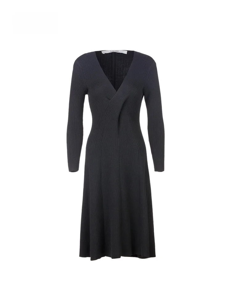 [Светкая шерсть] Laurel Rourui осеннее и зимнее облегающее платье с v-образным вырезом